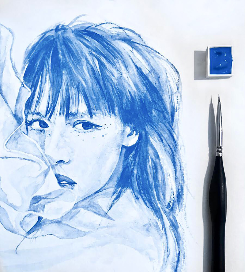 Portrait, féminin, bleu, artiste, aquarelles