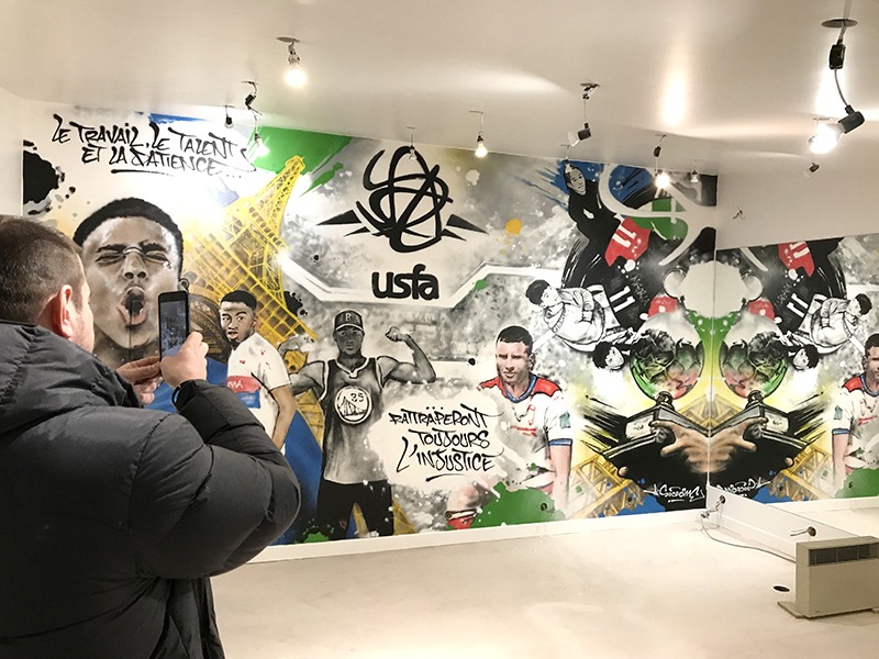 Salle, sport, USFA, footballeurs, graffiti, décoration, art, street