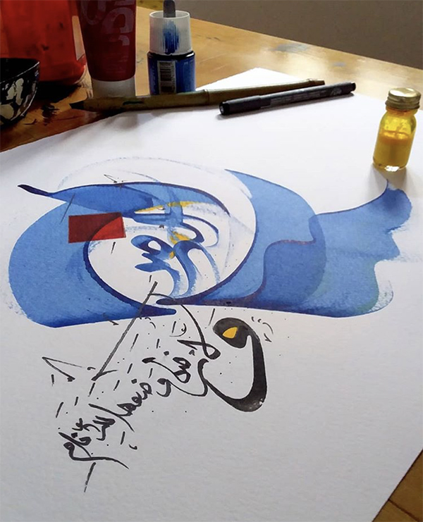 calligraphie, orientale, arabe, encre, bleu, moderne