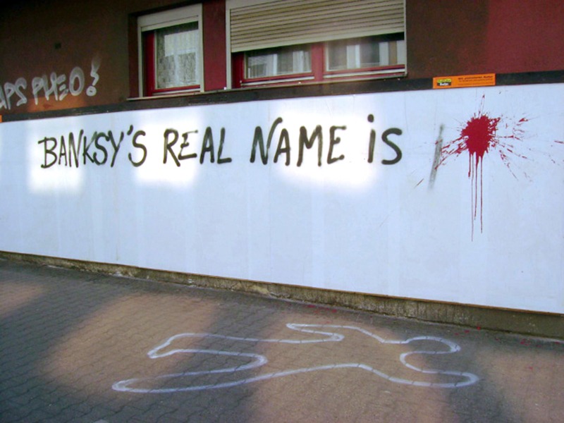 graffiti, street art, wall, banksy, real name, joke