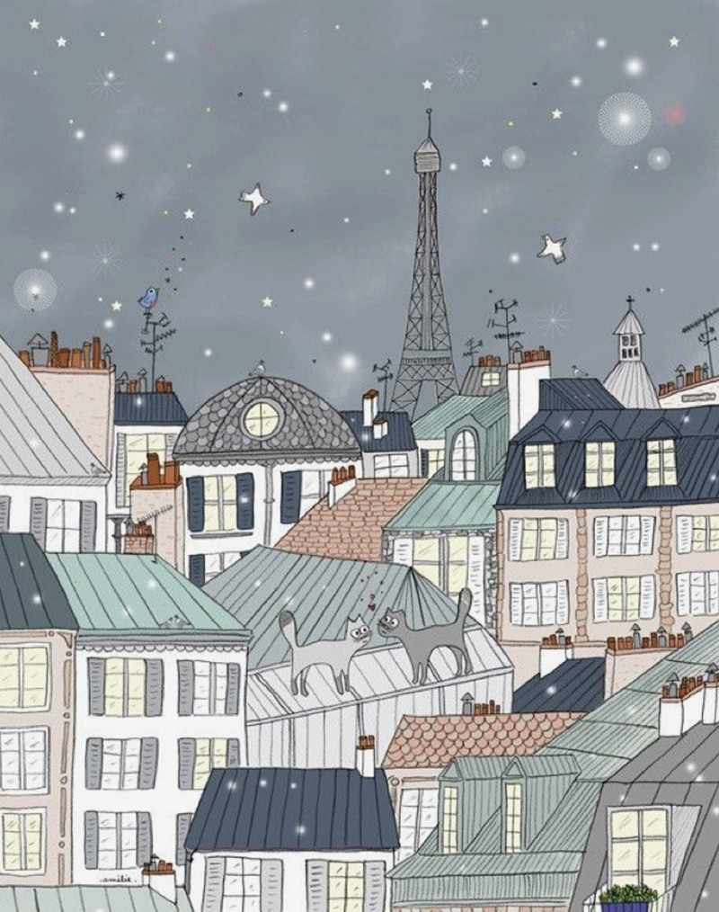 Illustration, paris, nuit, art, dessin, poésie, chat, toits