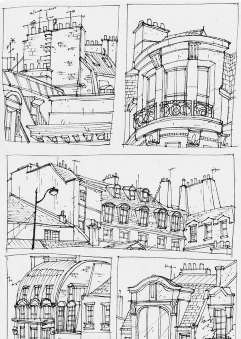 Croquis, illustration, toits, Paris, dessin, noir et blanc