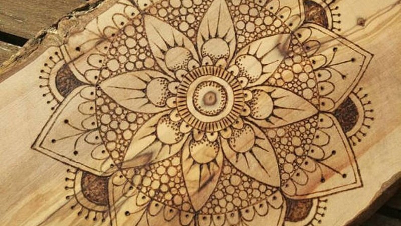 Mandala, pyrogravure, bois, art, artiste, original